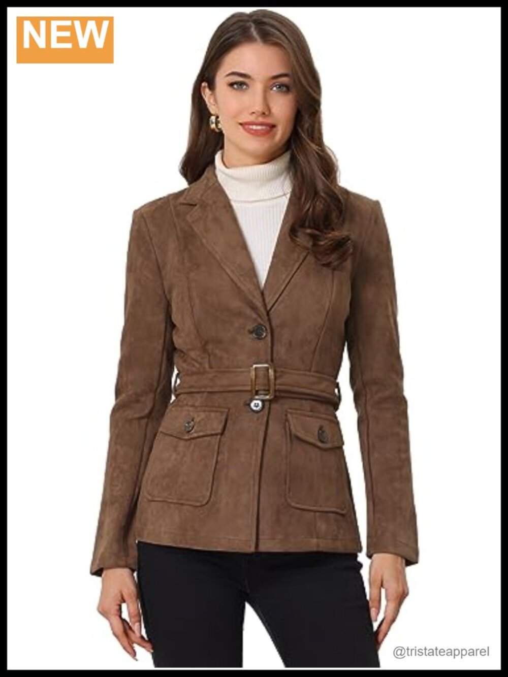 Faux Suede Belted Blazer Notched Lapel Long Sleeve Work Jacket
